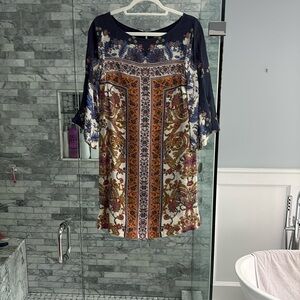 Anthropologie 100%Navy and Cream Floral Print Shift Dress with 3/4 Bell sleeves